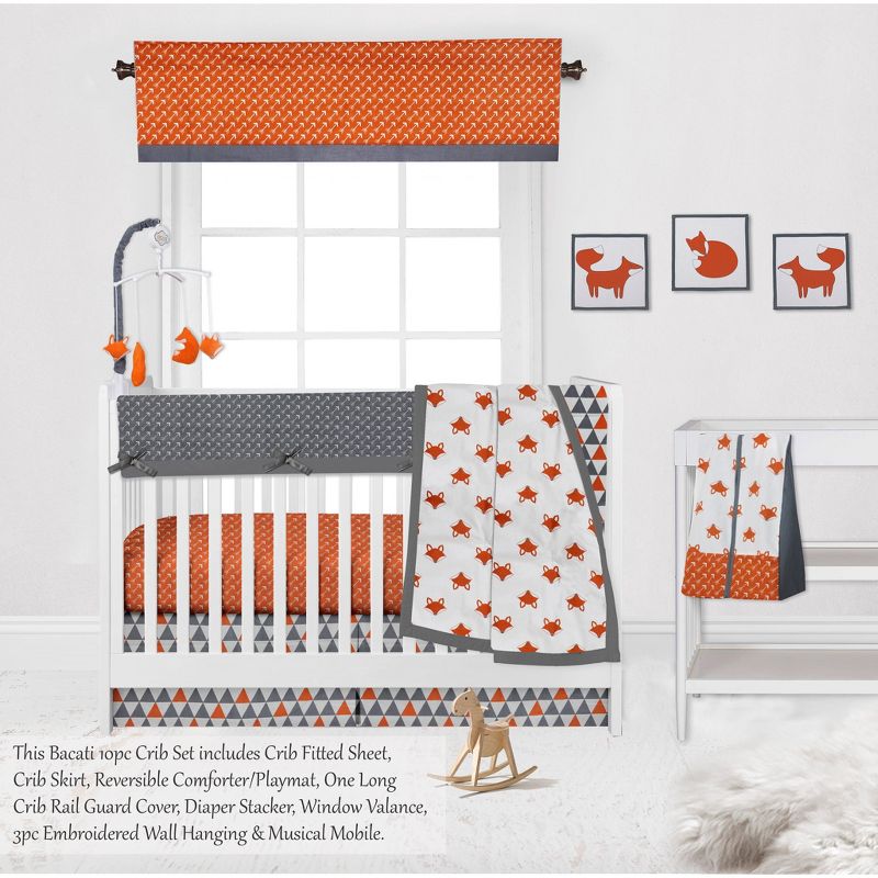 Bacati - Playful Fox Orange Gray 10 pc Crib Bedding Set with Long Rail Guard Cover, 4 of 12