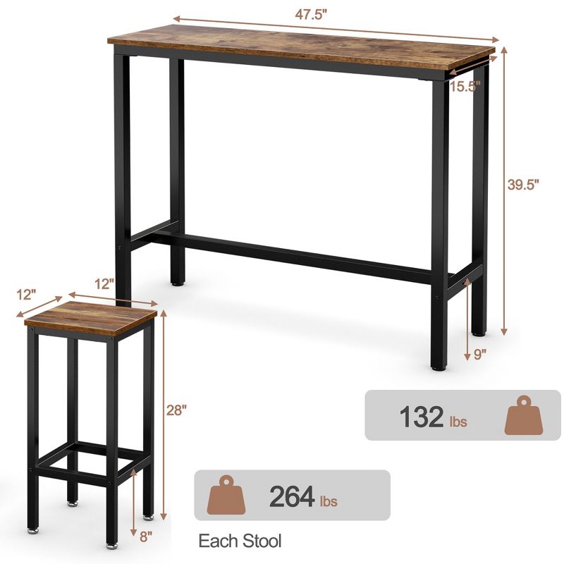 Costway 3 Pieces Bar Table Set Counter Height Breakfast Bar Dining Table w/Stools, 3 of 11