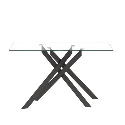 Dolonm  51.18 "rectangular transparent tempered glass dining table, fashionable design, black metal legs, dining table