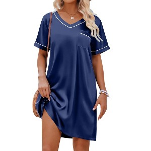 Ekouaer Women's Satin Nightgown Short Sleeve Sleep Dress Casual V Neck Nightshirt Silk Sleepwear Navy Blue M