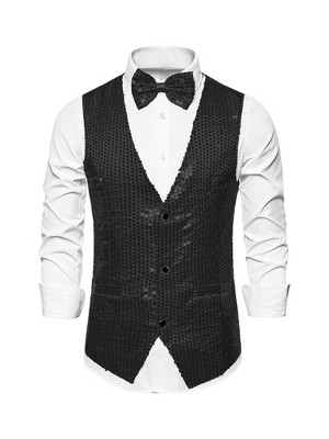 INSPIRE CHIC Men's Shiny Sequin Sleeveless Party Prom Suit Vest with Bow Tie