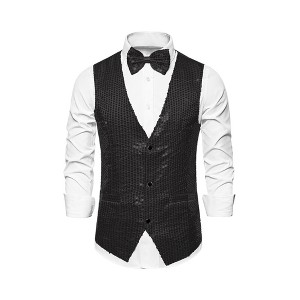 INSPIRE CHIC Men's Shiny Sequin Sleeveless Party Prom Suit Vest with Bow Tie - 1 of 4