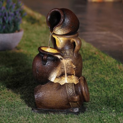 Rustic Brown Resin Tiered Urns Outdoor Fountain with LED Lights