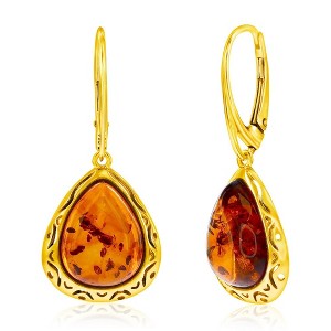 Simona Sterling Silver, Triangle Amber, Designed Outline Earrings - Gold Plated - Brown - 1 of 2