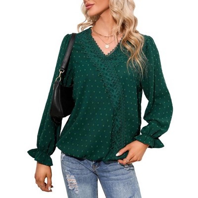 Whizmax Women's Casual Lace Pom Poms Blouses Long Sleeve V Neck Chiffon Shirts Tops Dark green S