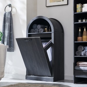 Modern Tilt-Out Trash Can Cabinet, Arched 10 Gallon Trash Can with Fluted Door & Open Shlef, Hidden Garbage Can for Kitchen, Living Room - 1 of 4