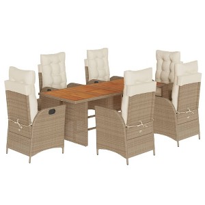 vidaXL 7 Piece Patio Dining Set with Cushions - Reclining Chairs, Adjustable Backrest, Durable Beige PE Rattan, Cream Cushions, Acacia Wood Tabletop - 1 of 4