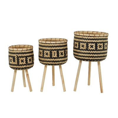 27" Wide 3pc Planters Bohemian Woven Bamboo Pots Brown/black ...