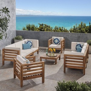 Oana 9pc Acacia Wood Sofa & Club Chair Set Teak/Beige - Christopher Knight Home: Modular Outdoor Sectional, Weather-Resistant - 1 of 4