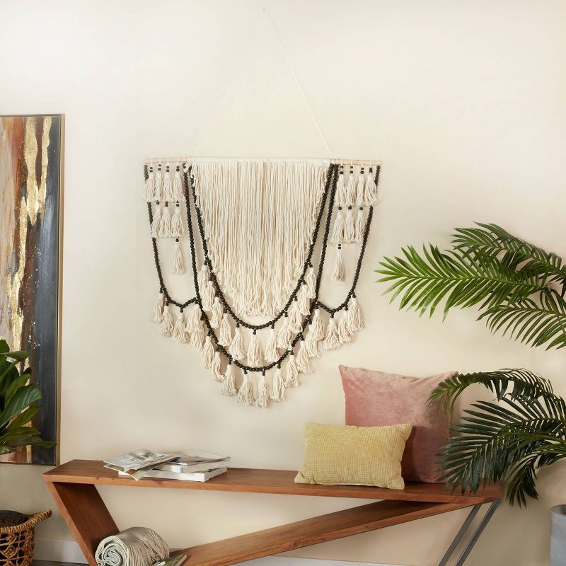 Cotton Macrame Weaved Intricately Wall Decor with Beaded Fringe Tassels - Olivia & May, 1 of 7