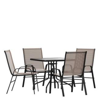 Emma and Oliver Five Piece Patio Dining Set - Square Table with Powder Coated Frame and Tempered Glass Top & 4 Flex Comfort Stack Chairs