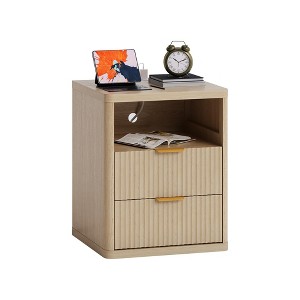 GustoWave Fluted Nightstand with Drawers, Mid Century Modern Bedside Table with Open Storage Space, Metal Handles and Rounded Corners - 1 of 4