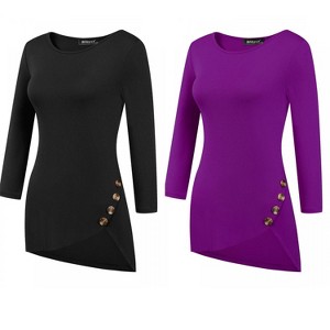 Allegra K Women's 3/4 Sleeve Round Neck Button Decor Casual Stretchy Tunic Tops 2 Packs - 1 of 4