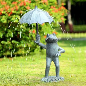 SPI Home Frog with Umbrella Garden Spitter – 29.5" Tall Metal Outdoor Water Feature, Whimsical Pond or Fountain Accent Sculpture - 1 of 3