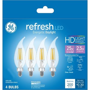 GE 4pk 25W Refresh LED CAC Decorative Light Bulbs Daylight: Candelabra Base, 5000K, Dimmable, Energy Star Certified - 1 of 4