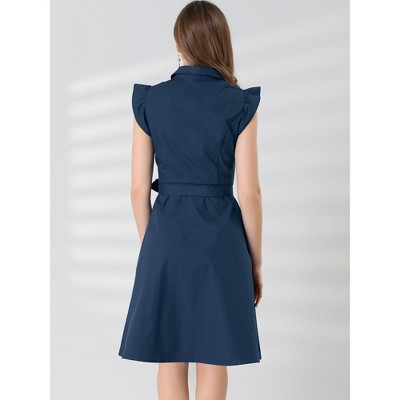 Женские платья INSPIRE CHIC Women's Cotton Ruffled Cap Sleeve Tie Waist Button Casual Office Shirt Dress X-Large Navy Blue — фото 5