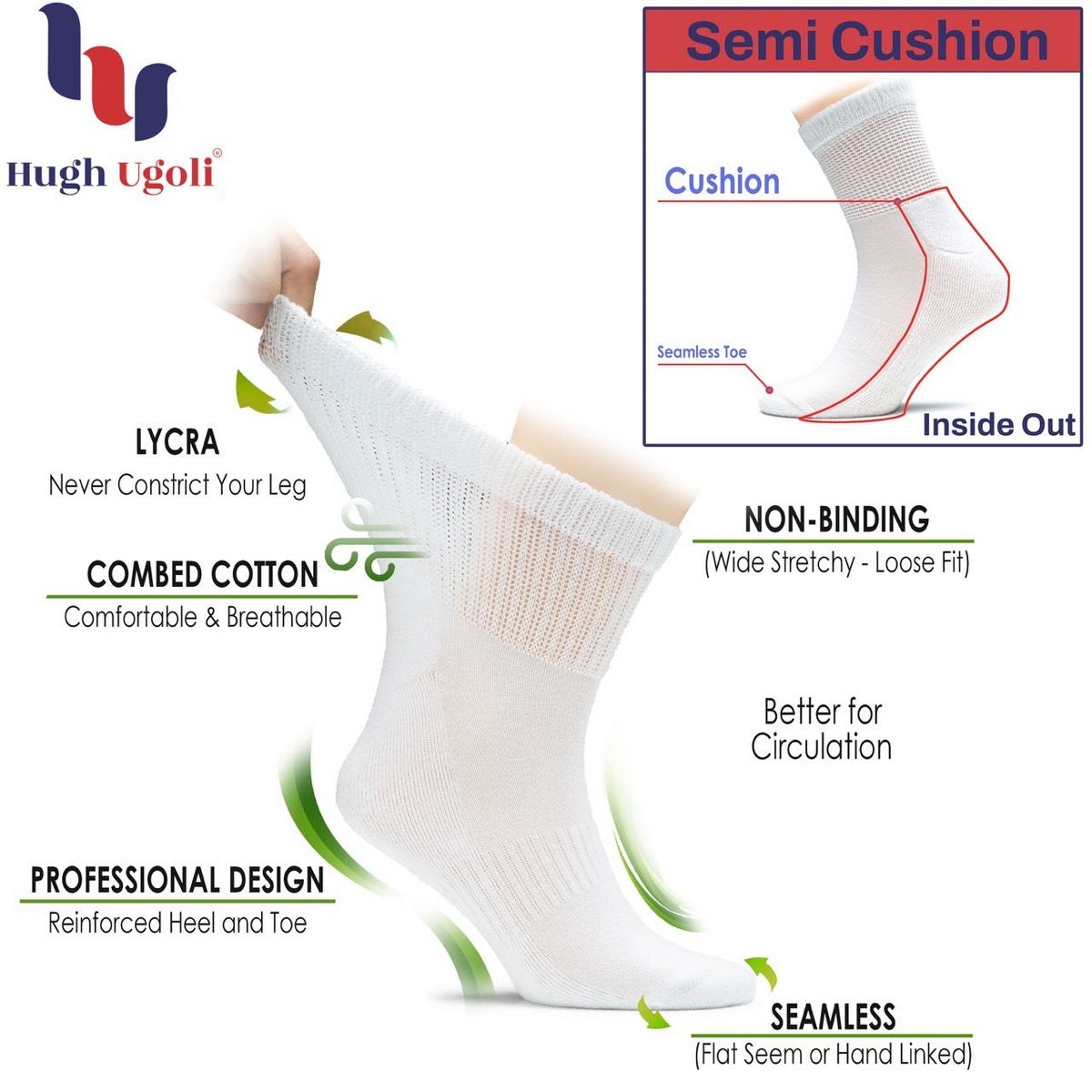 Hugh Ugoli Men's Cotton Diabetic Ankle Socks Wide Fit Seamless Toe Non-Binding, 4 Pairs - thumbnail 6