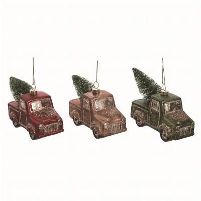 Transpac Glass Truck w/Tree Ornament Set of 3 Christmas Home Decorations