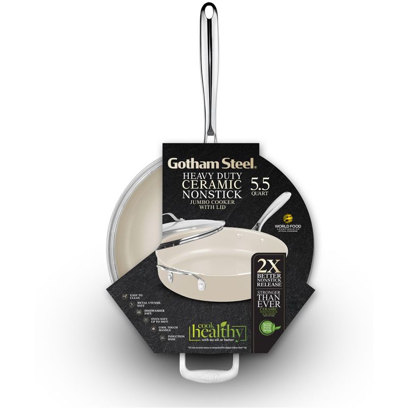 Gotham Steel Cream Ultra Nonstick Ceramic 5.5 Qt Jumbo Cooker Pan with Lid, 2 of 4