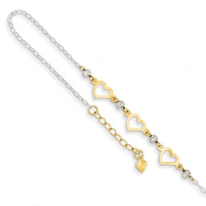 Black Bow Jewelry 14k Two-Tone Gold Triple Heart and Bead Adjustable Anklet, 9 Inch - 1 of 4
