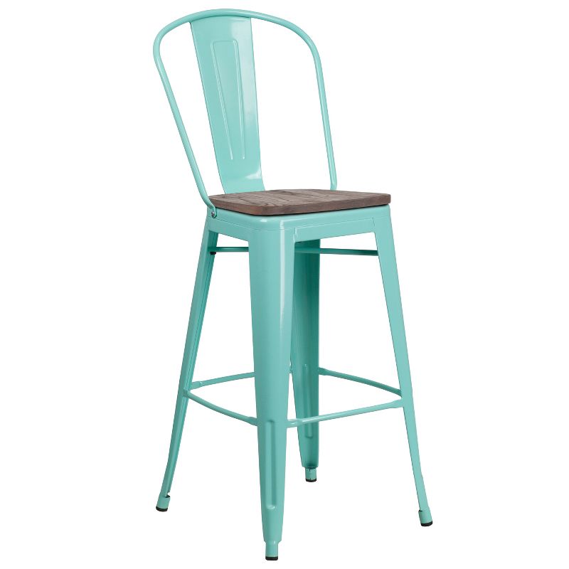 Merrick Lane 30" Metal Indoor-Outdoor Counter Stool with Vertical Slat Back, Integrated Footrest and Wood Seat, 1 of 8