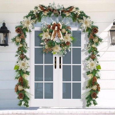 2 in 1 Christmas Wreath and Garland Set, Artificial Front Door 16"/ 24" Christmas Wreath and 6 Ft Garland Decorations Set