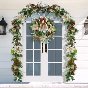 2 in 1 Christmas Wreath and Garland Set, Artificial Front Door 16"/ 24" Christmas Wreath and 6 Ft Garland Decorations Set - 1 of 4