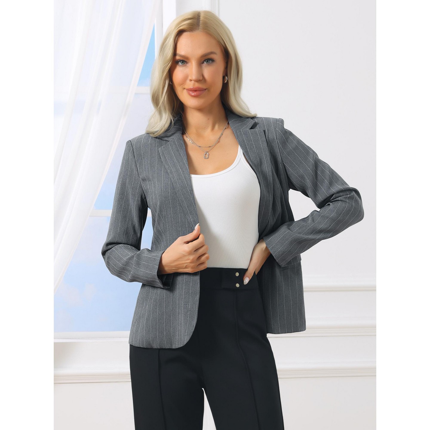 Женский пиджак INSPIRE CHIC Pinstripe Notched Lapel One-Button Office Workwear Suit Jacket Blazer Large Dark Gray, цвет: Тёмный серый — фото 2