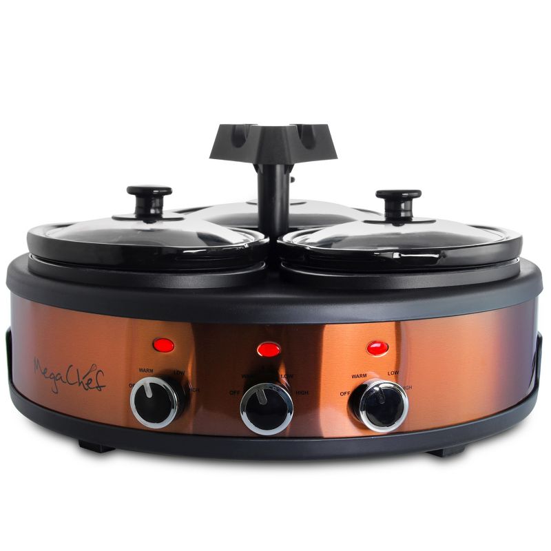 MegaChef Round Triple 1.5 Quart Slow Cooker and Buffet Server in Brushed Copper and Black Finish with 3 Ceramic Cooking Pots and Removable Lid Rests, 3 of 10