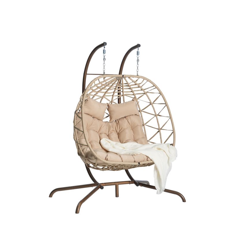 2-Person Outdoor Patio Hanging Wicker Egg Chair with Cushion and Headrest, Rattan Hanging Chair 4A - ModernLuxe, 5 of 10