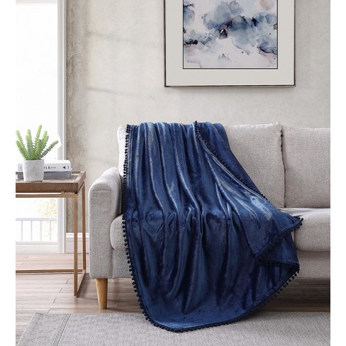 Navy pom pom throw blanket new arrivals