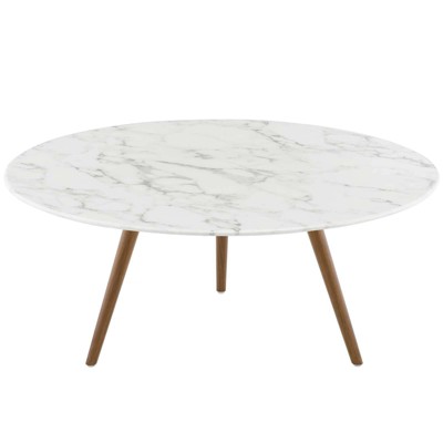 36" Lippa Round Artificial Marble Coffee Table with Tripod Base Walnut/White - Modway