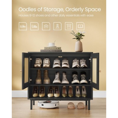 Ash Black 3-Tier Shoe Cabinet with Natural Rattan Doors and Steel Legs