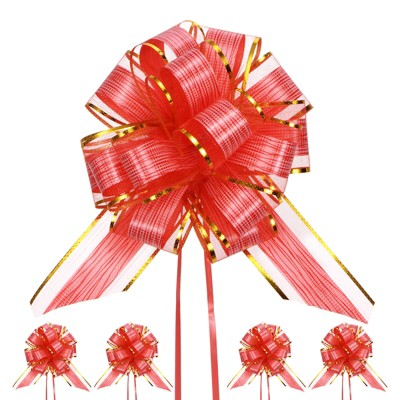 Unique Bargains Plastic Tree Stripes Gold Edge Large Satin Pull Bows 12 Pcs