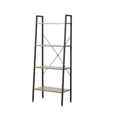 Black Metal and Wood 4-Shelf Ladder Bookcase