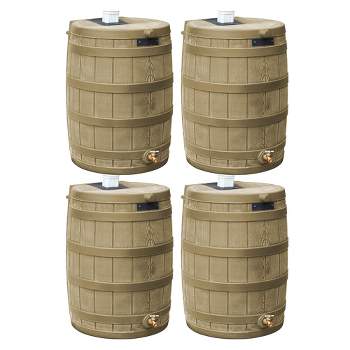 Good Ideas Rain Wizard 50 Gallon Plastic Outdoor Home Rain Barrel Water Storage Collector with Brass Spigot and Flat Back Design, Khaki (4 Pack)