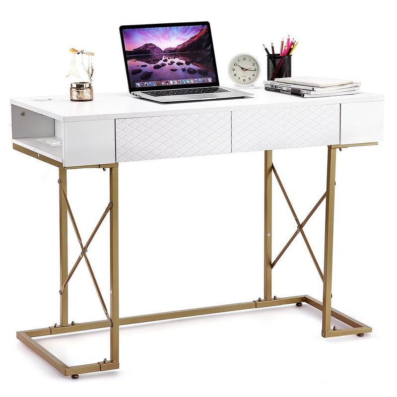 Modern Desk, 42 Inch Home Office Desk, Makeup Vanity Dressing Table, White, 1 of 7