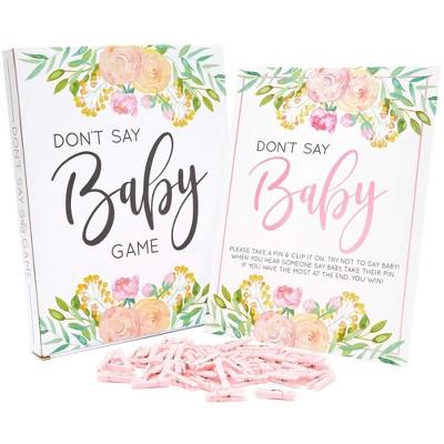 DON'T SAY BABY Game and Activity for Girl Baby Shower, Includes 1 Floral Sign & 60 Mini Clothespins, Baby Pink