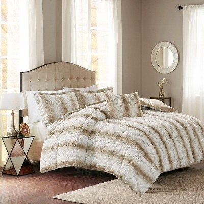 Sapphtopaz Bedding Comforter Set Soft Faux Fur Quilting Gradient Color Stripes Print 4 Piece Quilt Set with Pillow and Shams