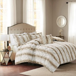 Sapphtopaz Bedding Comforter Set Soft Faux Fur Quilting Gradient Color Stripes Print 4 Piece Quilt Set with Pillow and Shams - 1 of 4