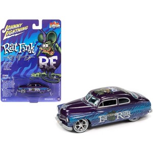1949 Mercury Coupe Custom Purple Metallic with Graphics "Rat Fink" "Pop Culture" 1/64 Diecast Model Car by Johnny Lightning - 1 of 3