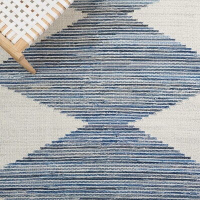 Ivory and Blue Wool Cotton Flat Woven Runner Rug
