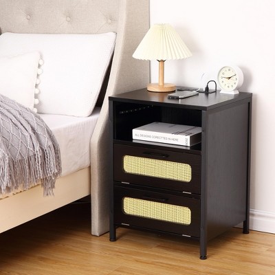 Nightstand with LED Lighting, Charging End Table with 2 USB Ports & 2 Outlets, 2 Rattan Drawers & Open Shelf for Small Spaces, Black