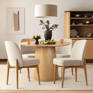 5pcs Dining Set for 4, 42'' Solid Wood Oak Table with 4 Linen Fabric Solid Wood Legs Dining Chairs, Dining Room Furniture - Maison Boucle - 1 of 4