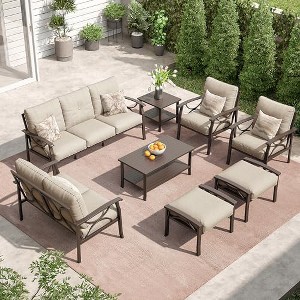 Heynemo Outdoor Patio Furniture Set, 8 Piece Patio Conversation Set with Coffee Table Side Table and Ottomans, Metal Furniture Set for Porch, Grey - 1 of 4