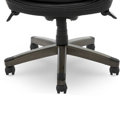 Black Leather Ergonomic Executive Office Chair with Wood Base