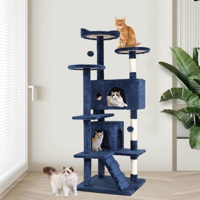 54in Navy Blue Multi-Level Cat Tree Tower with Faux-Fur Cover