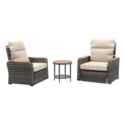 Teamson Home - Outdoor 3 Piece Wicker Recliner Set with Wood Armrests and Cushions