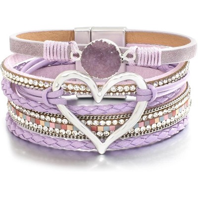 Leather Wrap Bracelet with Heart-Shape Decor & Crystal Beads, Bohemian Cuff Bangle for Women & Girls