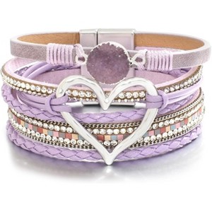 Leather Wrap Bracelet with Heart-Shape Decor & Crystal Beads, Bohemian Cuff Bangle for Women & Girls - 1 of 4